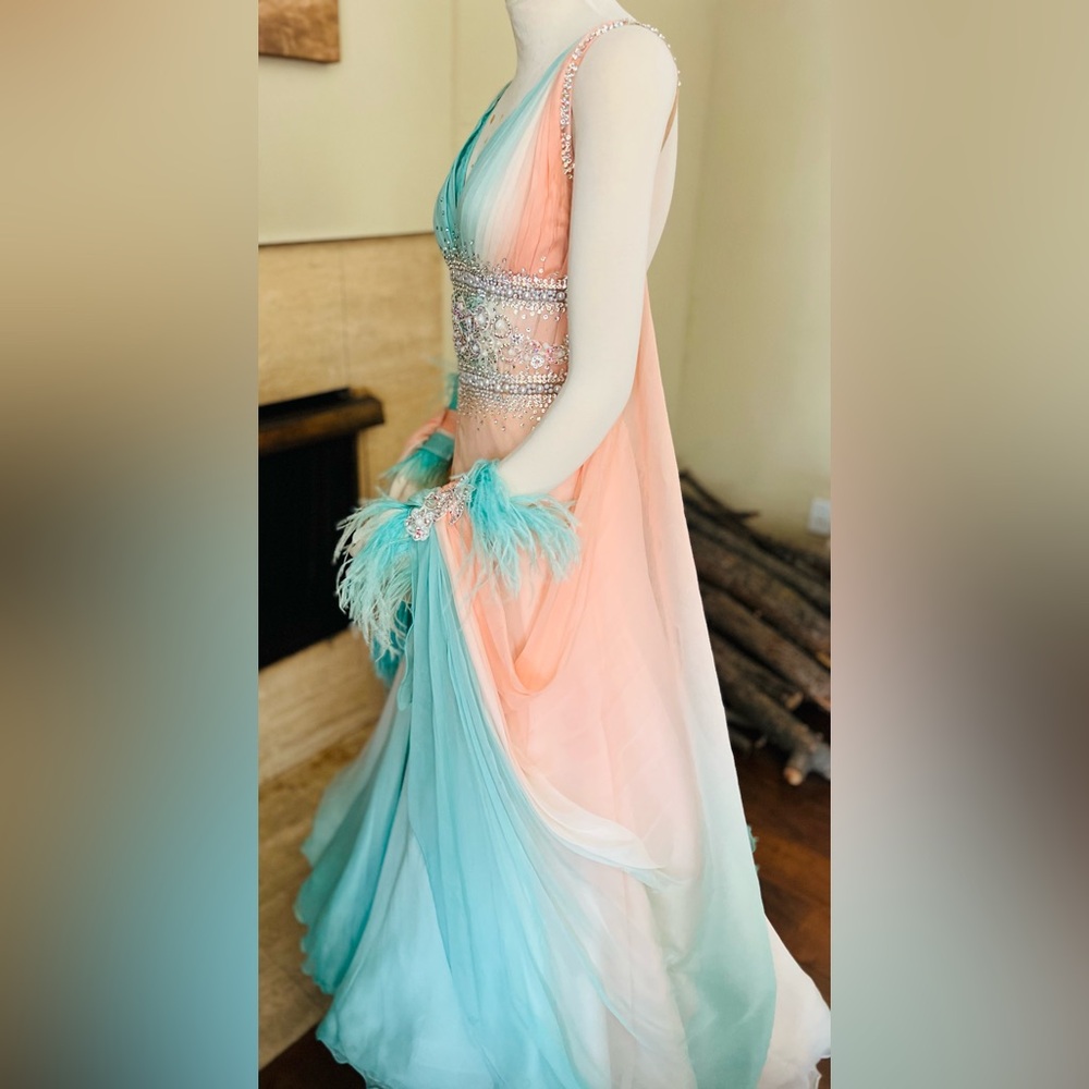 Ballroom Standart Competition Dance dress size S Peach and Teal - Picture 4 of 10
